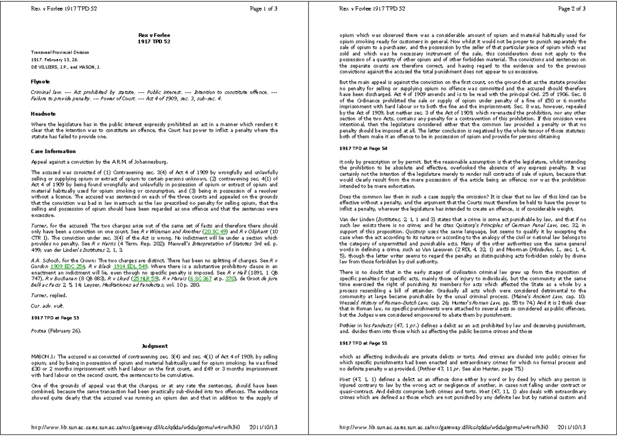 Rex v Forlee: Analysis of 1917 TPD 52 on Opium Law Offences - Studocu