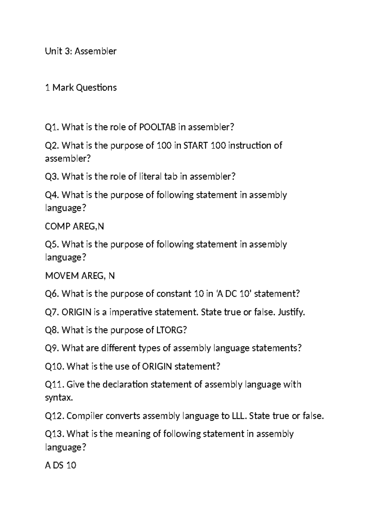 Unit 2: Assembler Practice Questions & Answers - Studocu
