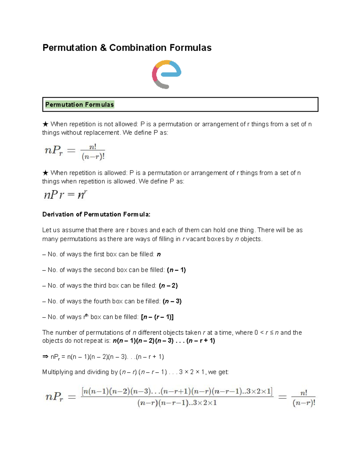 Permutation and Combination Formulas: Key Concepts and Derivations ...