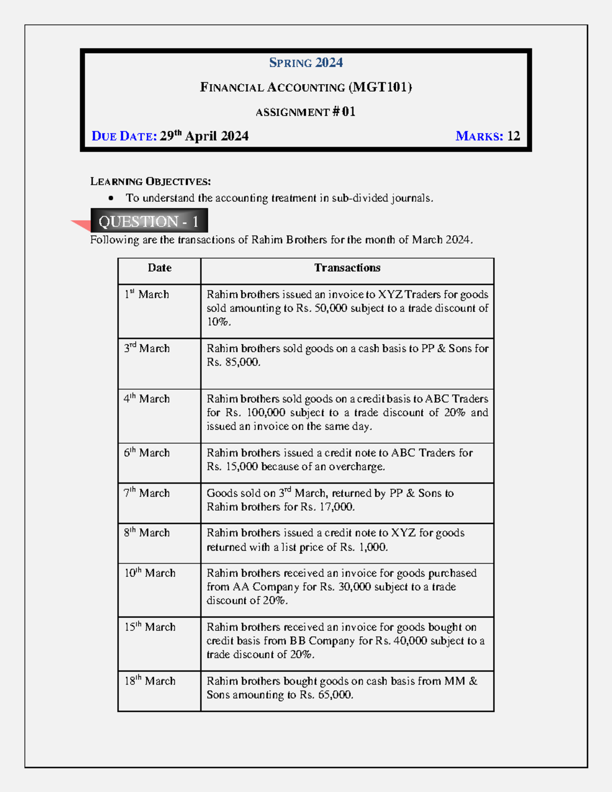 Spring 2024 MGT101 Financial Accounting Assignment #01 Details - Studocu