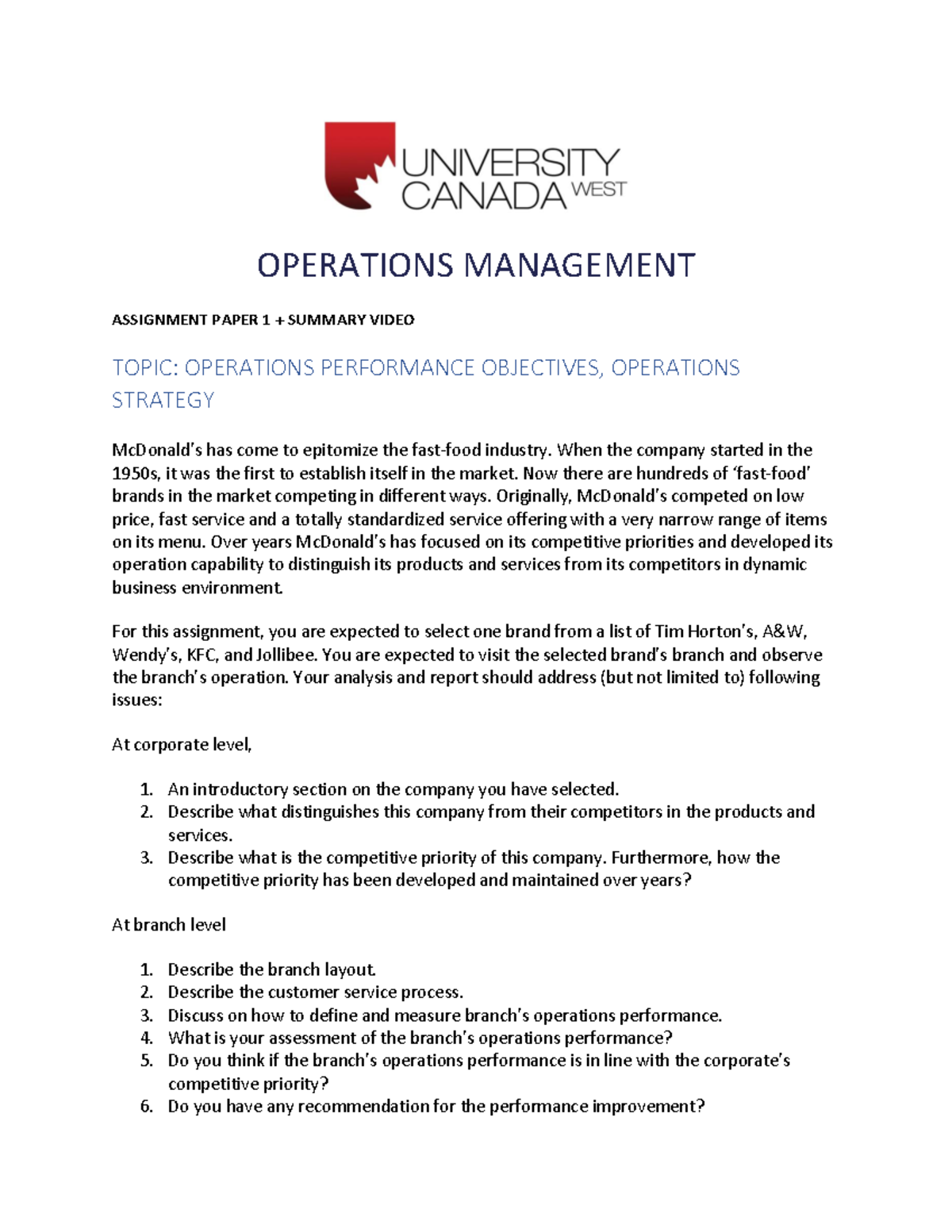 OPMT620-46 Assignment 1: Operations Performance Objectives Analysis ...