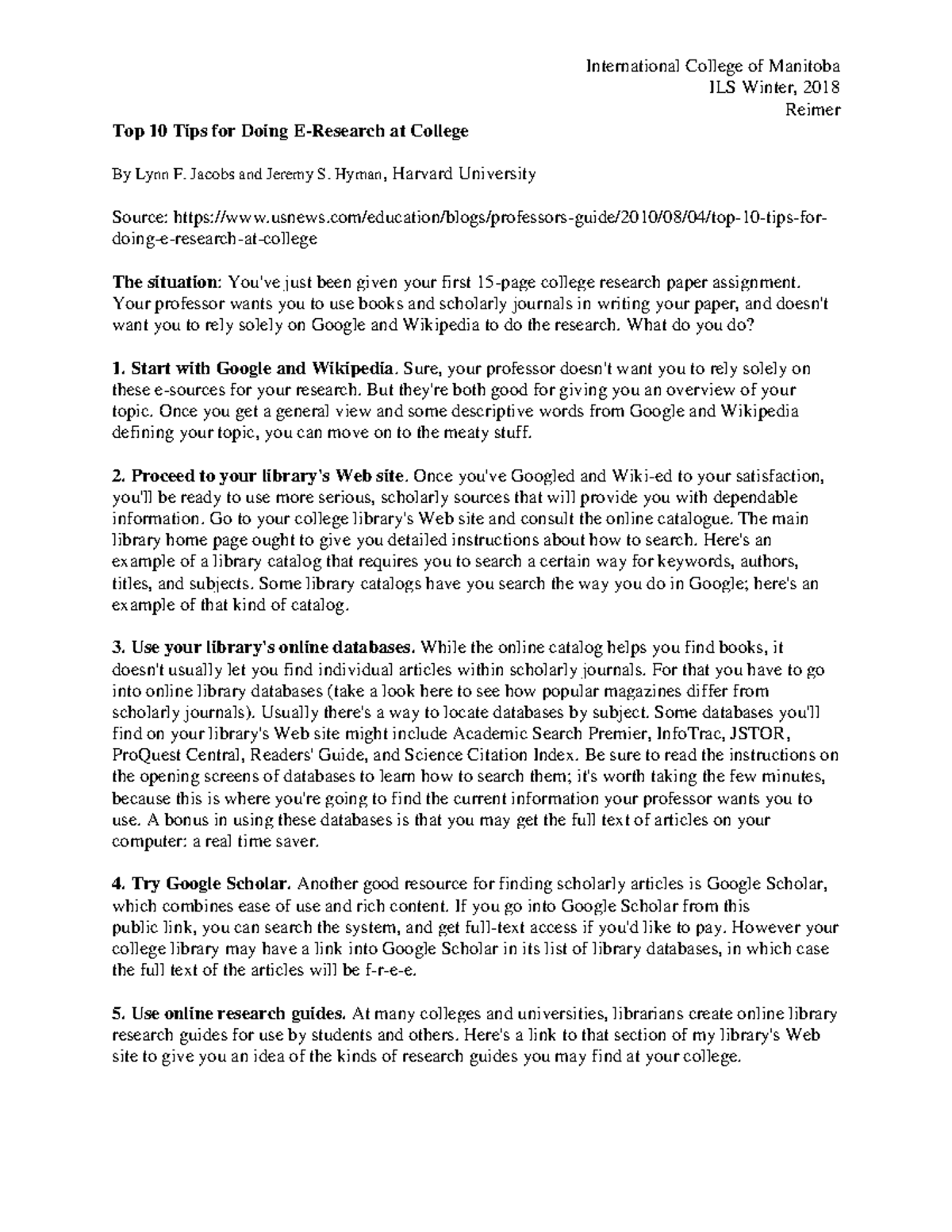 Top 10 Tips for E-Research at College (ILS Winter 2018) - Studocu