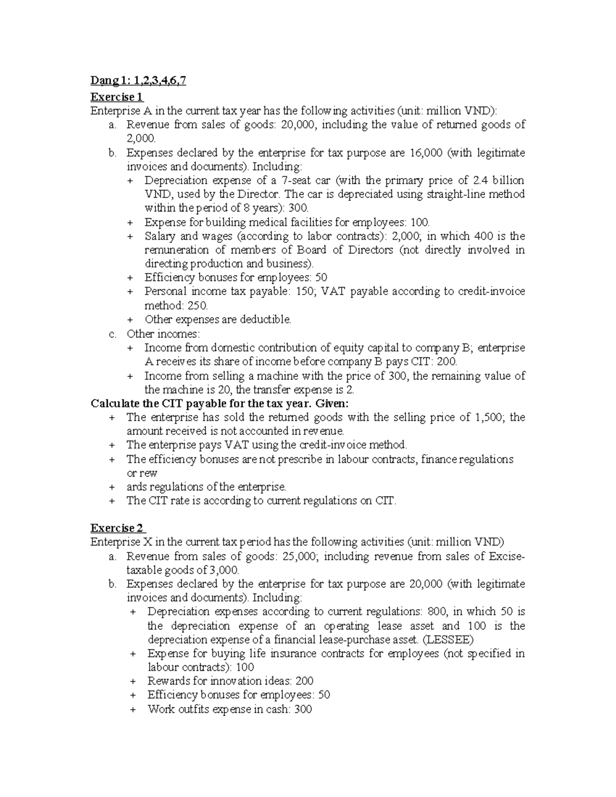 CIT Exercises - Bài Tập Thuế (CIT 2023) - Studocu