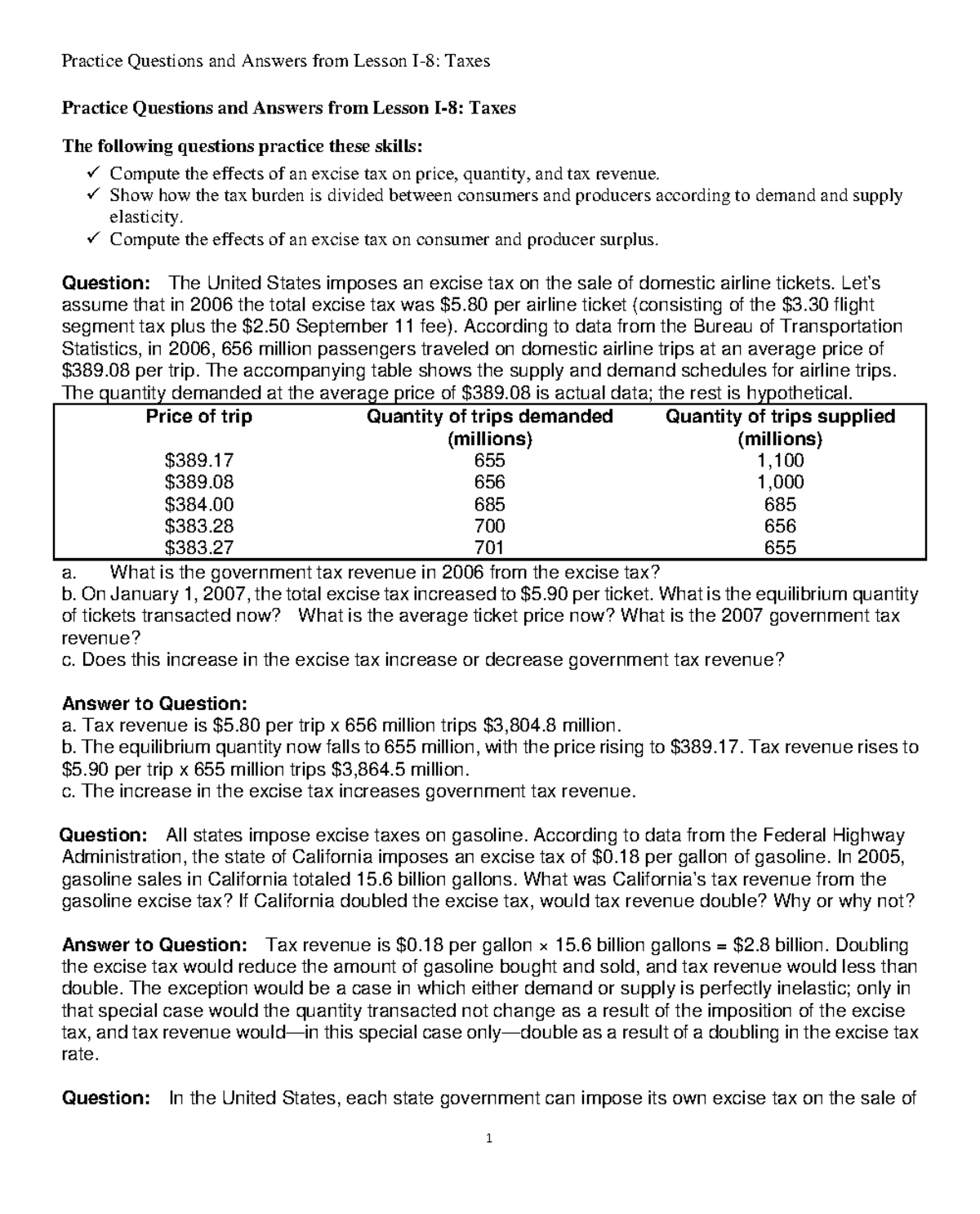 Economics Practice Questions and Answers: Taxes Analysis - Studocu