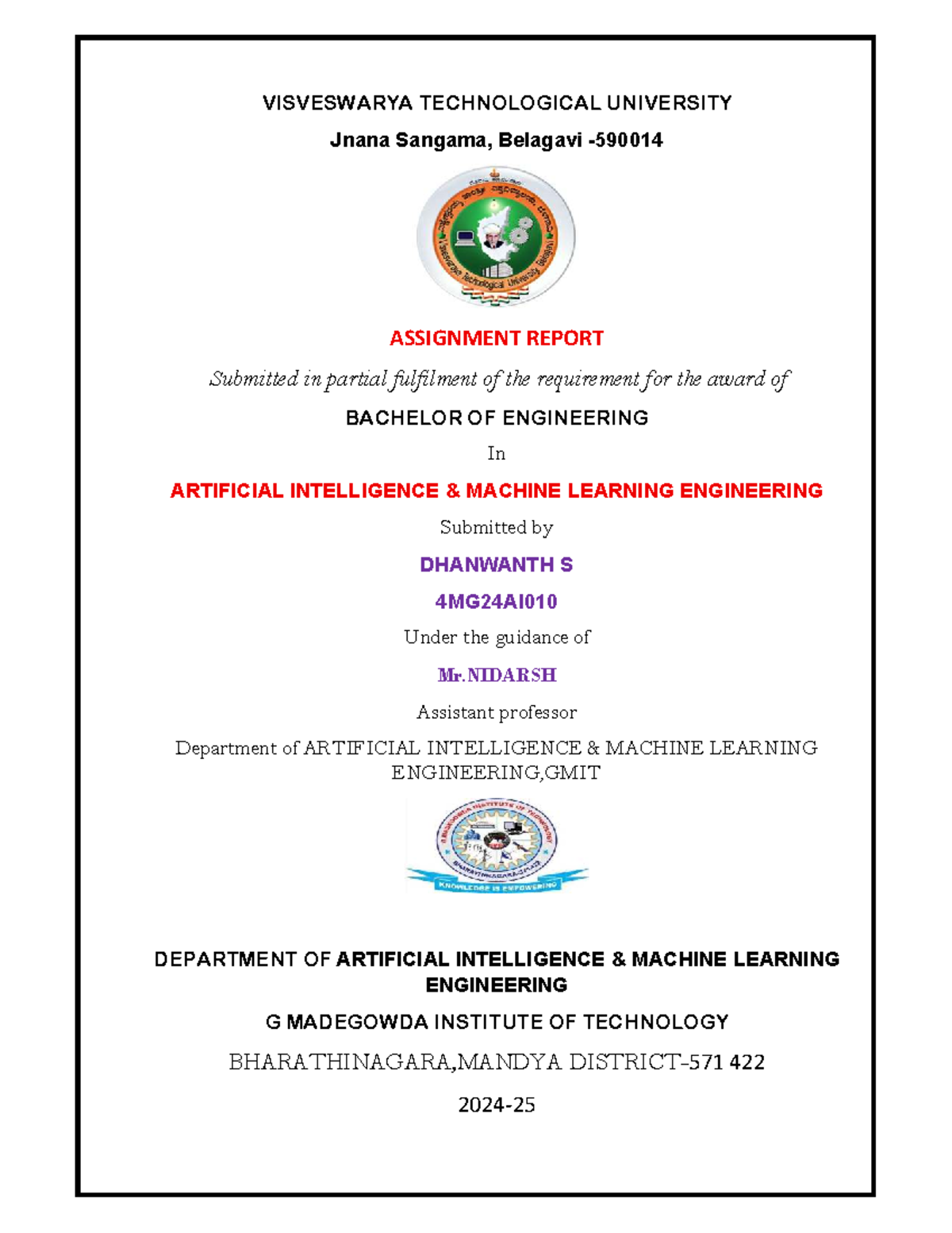 B.E. Assignment Report in AI & ML Engineering - 4MG24AI010 - Studocu