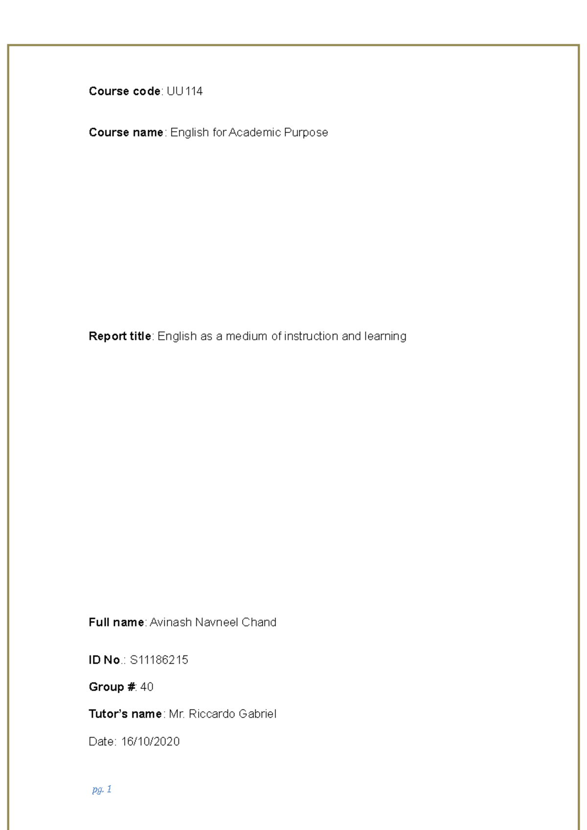 S11186215 Assignment 2 UU114 - Course code : UU Course name: English ...