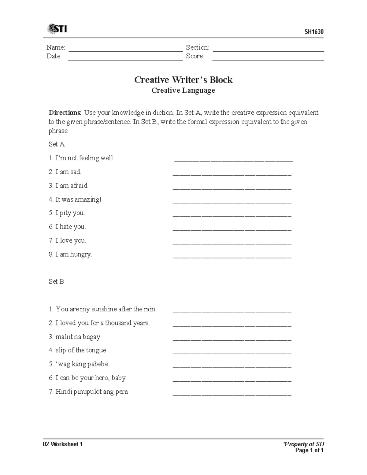 SH1630 - Creative Writing 02 Worksheet 1: Overcoming Writer's Block ...
