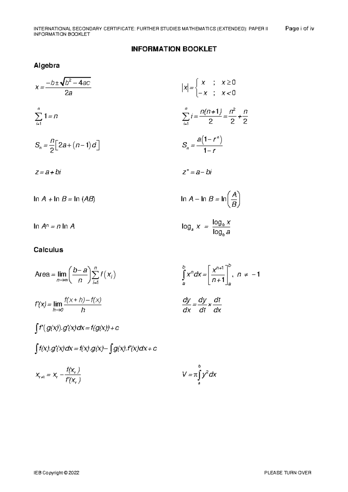ISC Further Studies Mathematics (Extended) Paper II Info Booklet 2022 ...