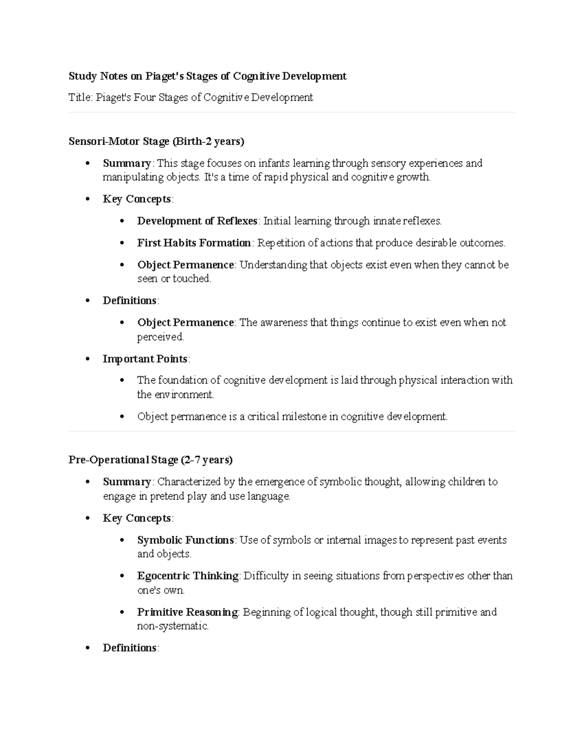 Study Notes on Piagets Stages of Cognitive Development - It's a time of ...
