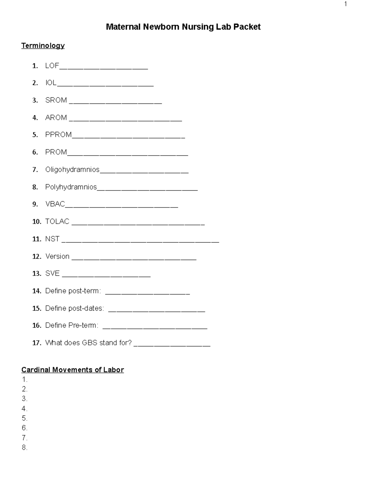 NR 465 Lab Packet: Maternal Newborn Nursing Skills Assessment - Studocu