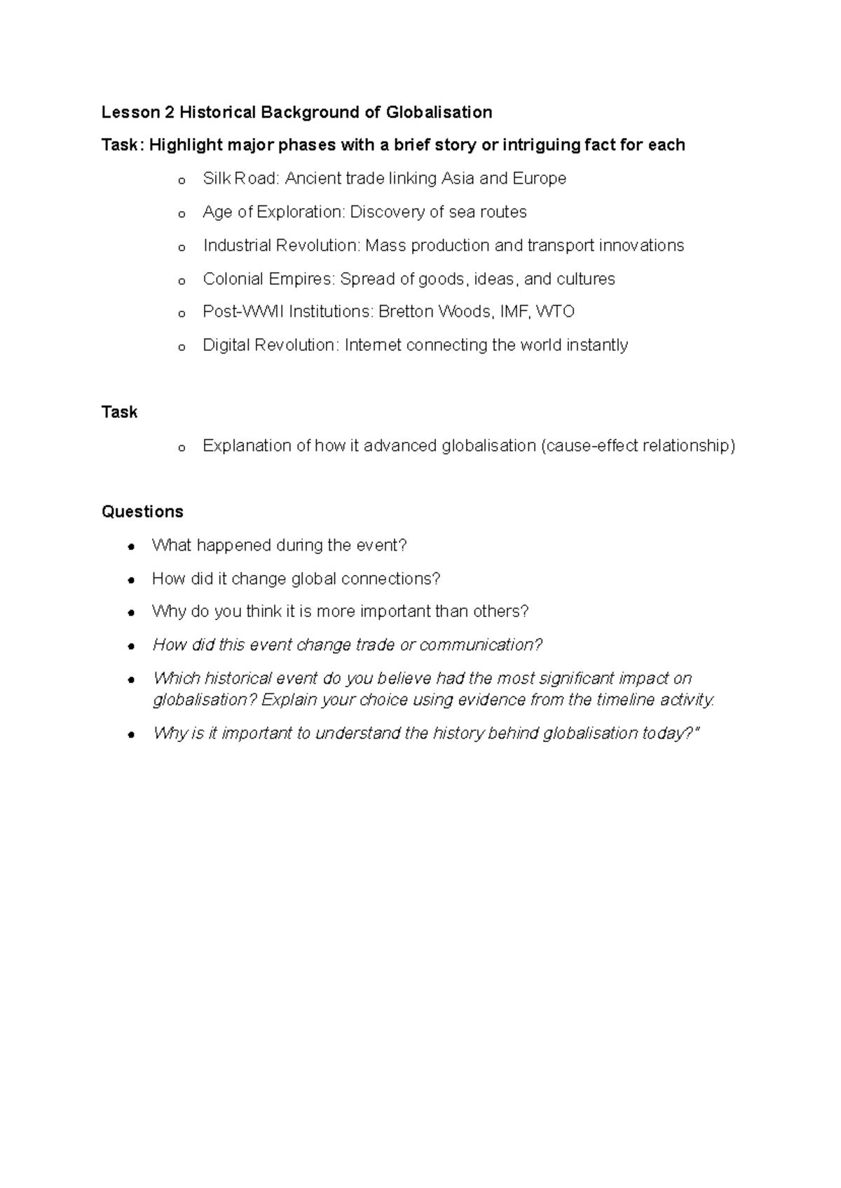 Lesson 2: Historical Background of Globalisation - Studocu