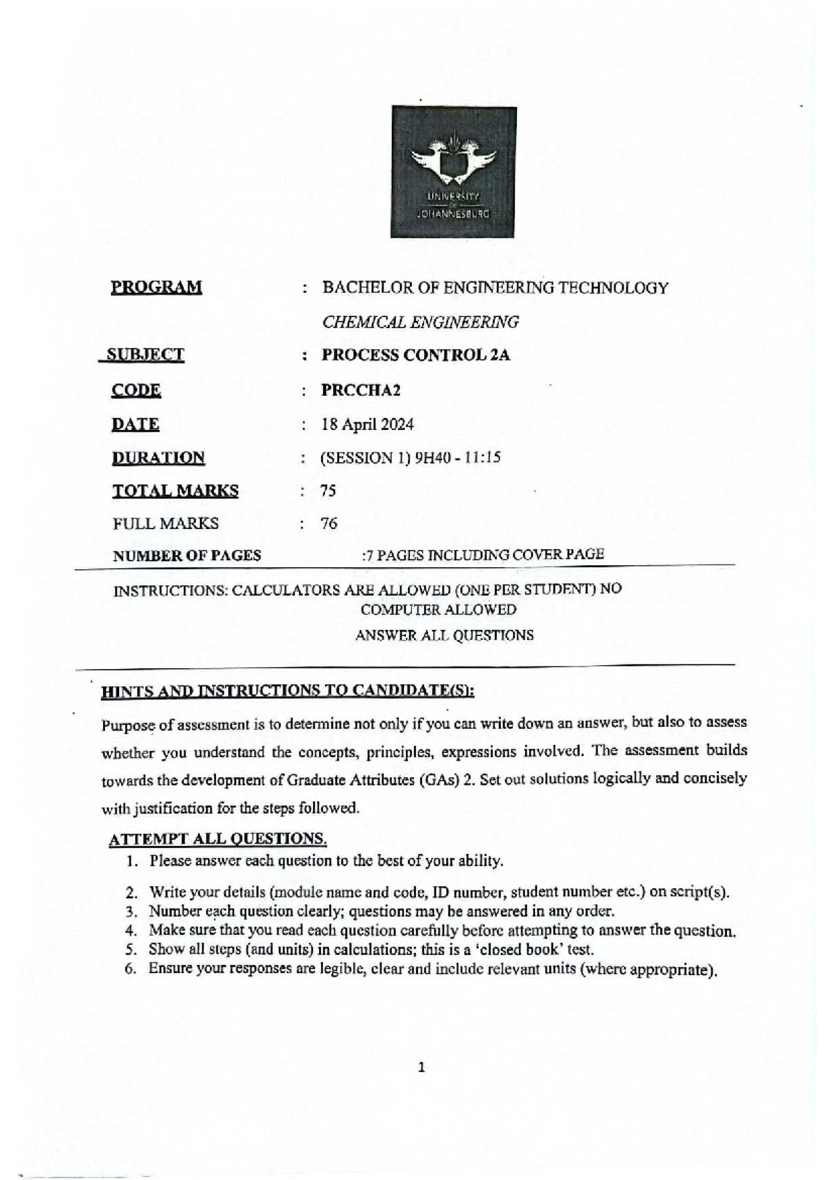 Process Control 2A - Test Paper for Chemical Engineering Students - Studocu