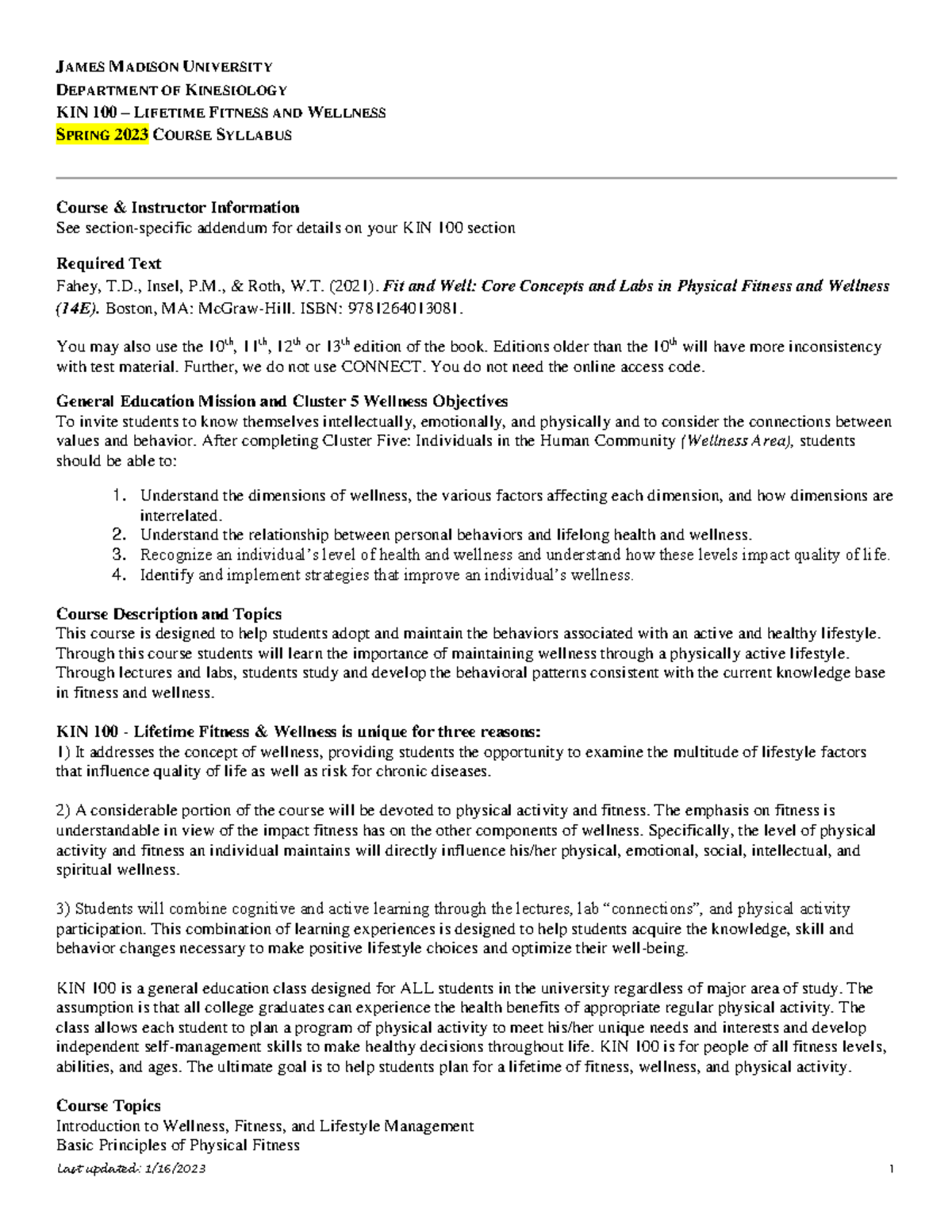 KIN 100: Lifetime Fitness and Wellness Syllabus - Spring 2023 - Studocu
