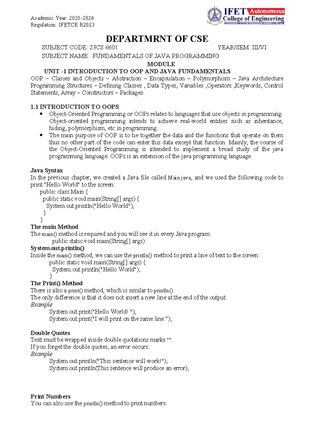 Fundamentals of Java Programming: Unit I Notes (23CS 6601) - Studocu