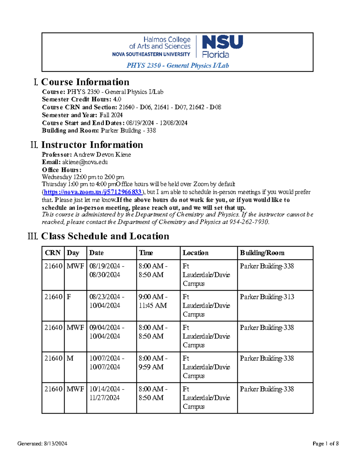 PHYS 2350 General Physics I/Lab Syllabus for Fall 2024 MWF - Studocu