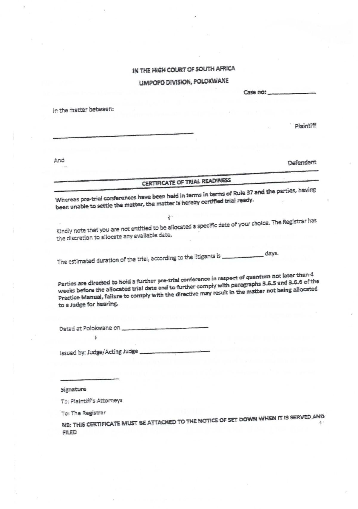 Pre-Trial Readiness Certificate - High Court of South Africa (Case No ...