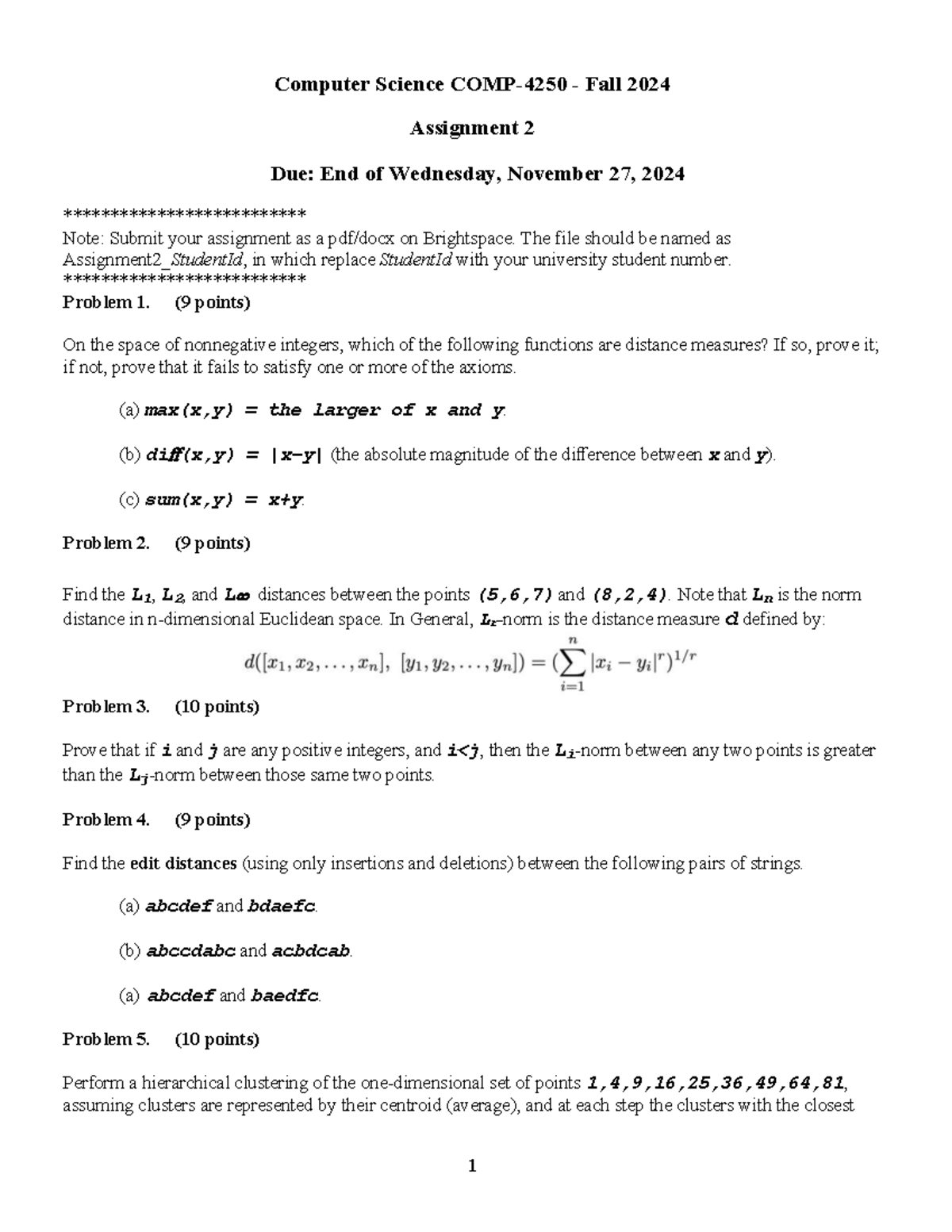 Assignment 2 - COMP4250 distance measures and clustering problems - Studocu