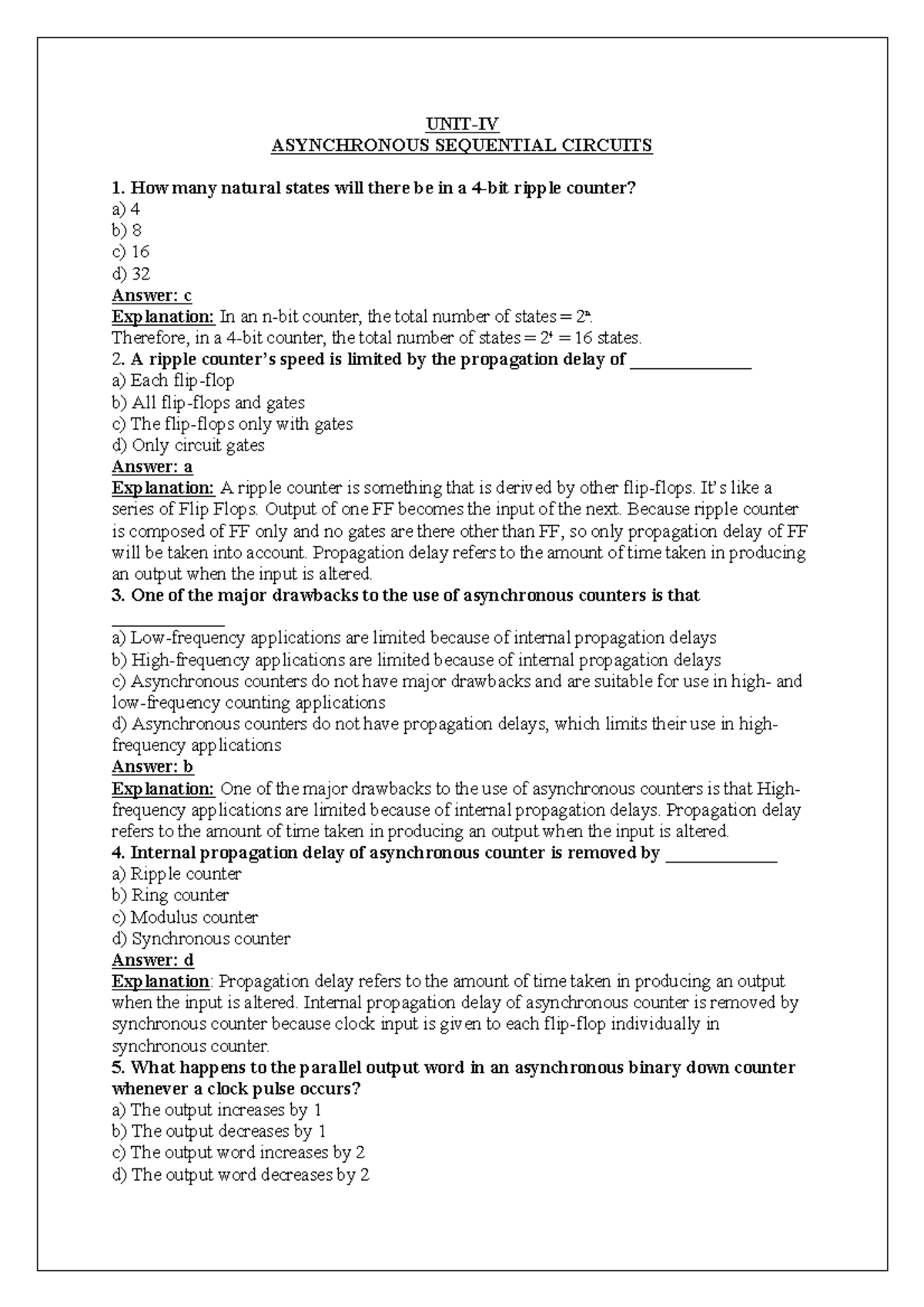 Unit 4 - dpsd - UNIT-IV ASYNCHRONOUS SEQUENTIAL CIRCUITS 1. How many ...