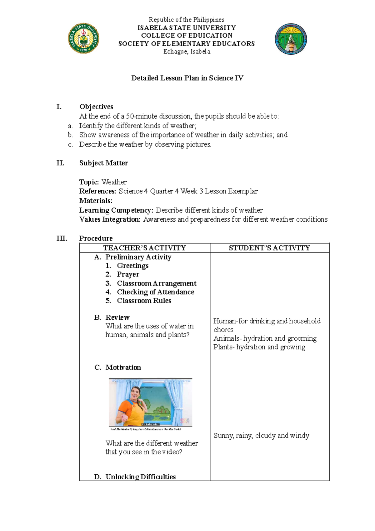 Science 4 Q4 W3 Detailed Lesson Plan: Understanding Weather - Studocu