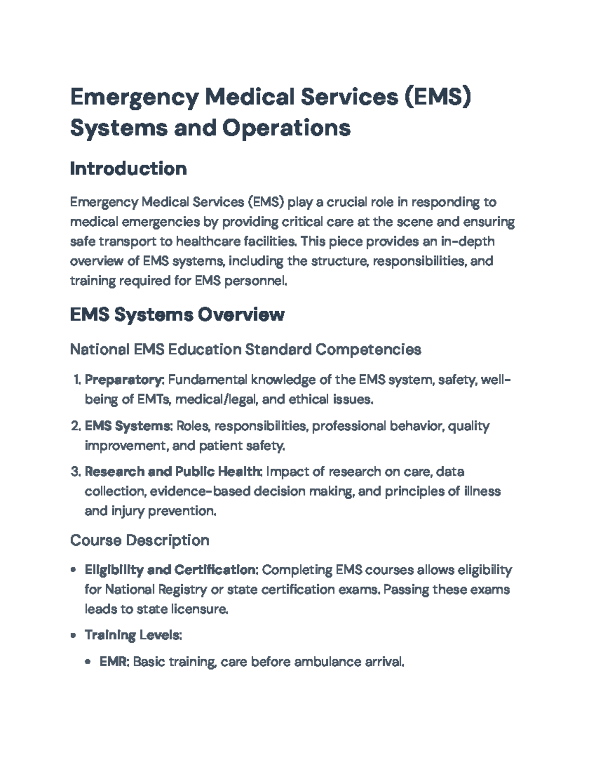 Emergency Medical Services (EMS) Systems & Operations Overview ...