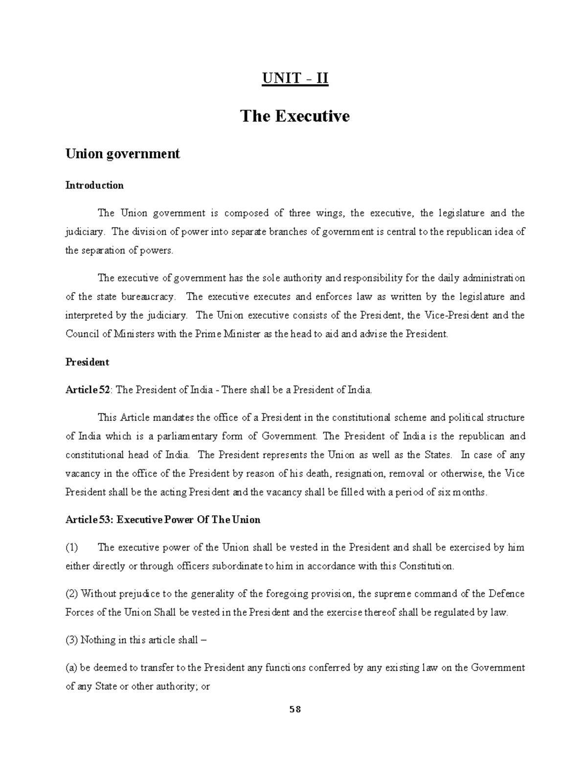 Unit II: The Executive Union Government - Key Notes (KLE) - Studocu