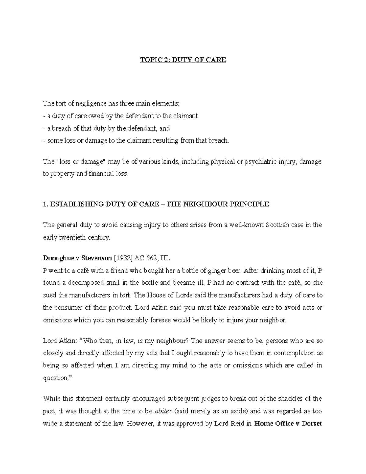 TORT 2 - Duty of Care - Notes - TOPIC 2: DUTY OF CARE The tort of ...