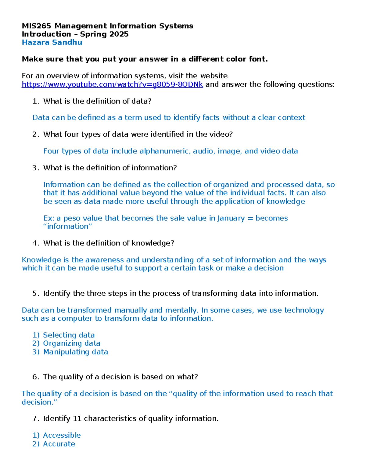 **MIS265 Intro to Management Information Systems Assignment Spring 2025 ...