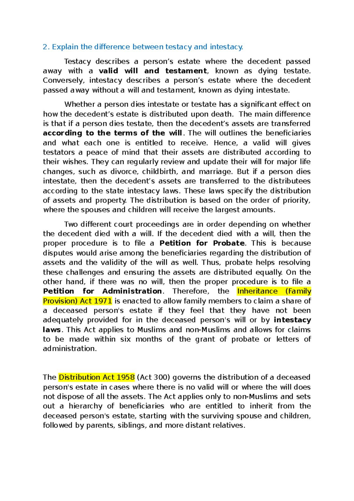 Testacy vs Intestacy: Key Differences in Estate Distribution - Studocu