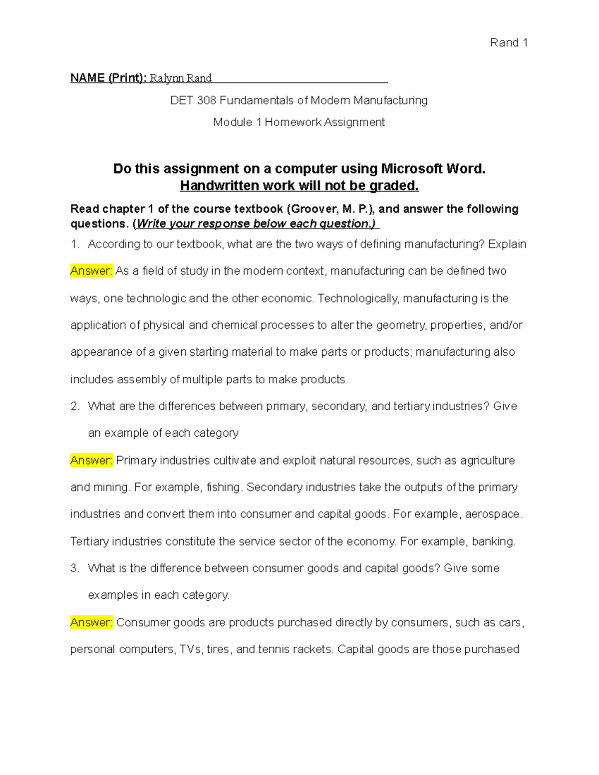 DET 308 Module 1 Homework Assignment: Fundamentals of Manufacturing ...
