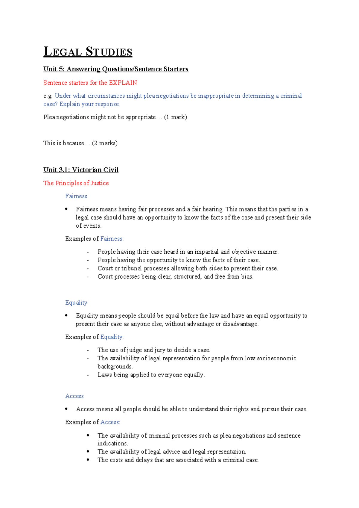 Legal Studies Summary: Key Concepts and Principles - Unit 3/4 - Studocu