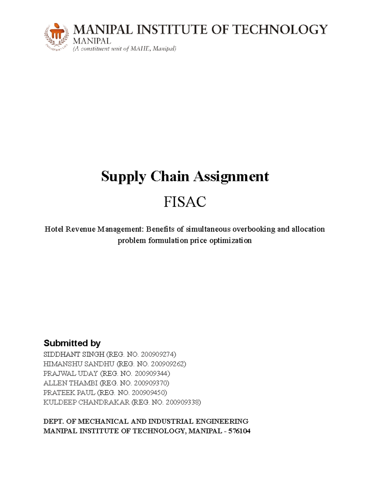 Supply Chain Assignment - Supply Chain Assignment FISAC Hotel Revenue ...