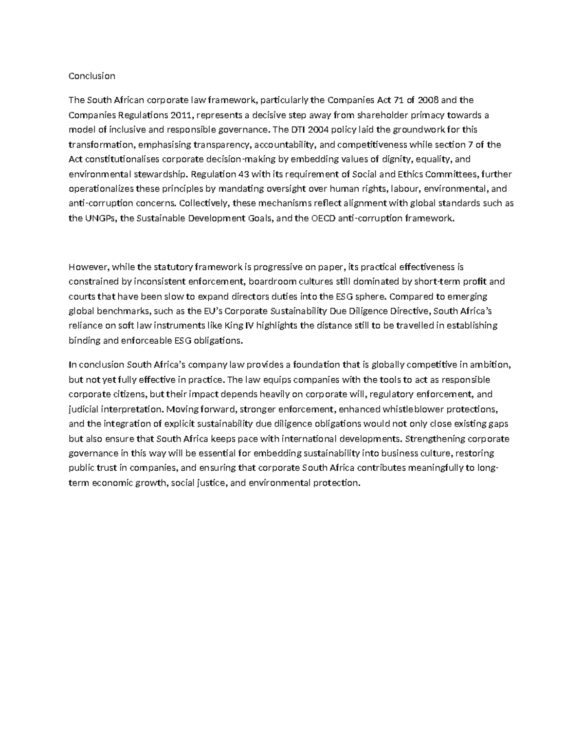 Conclusion on South African Corporate Law Framework - Cor Assignment ...