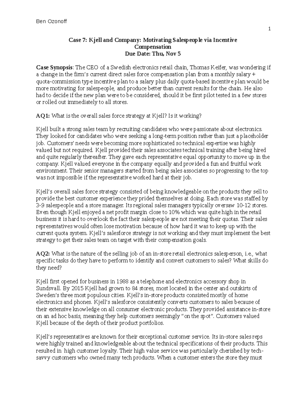 Kjell and Company Case Study: Motivating Salespeople with Incentives ...