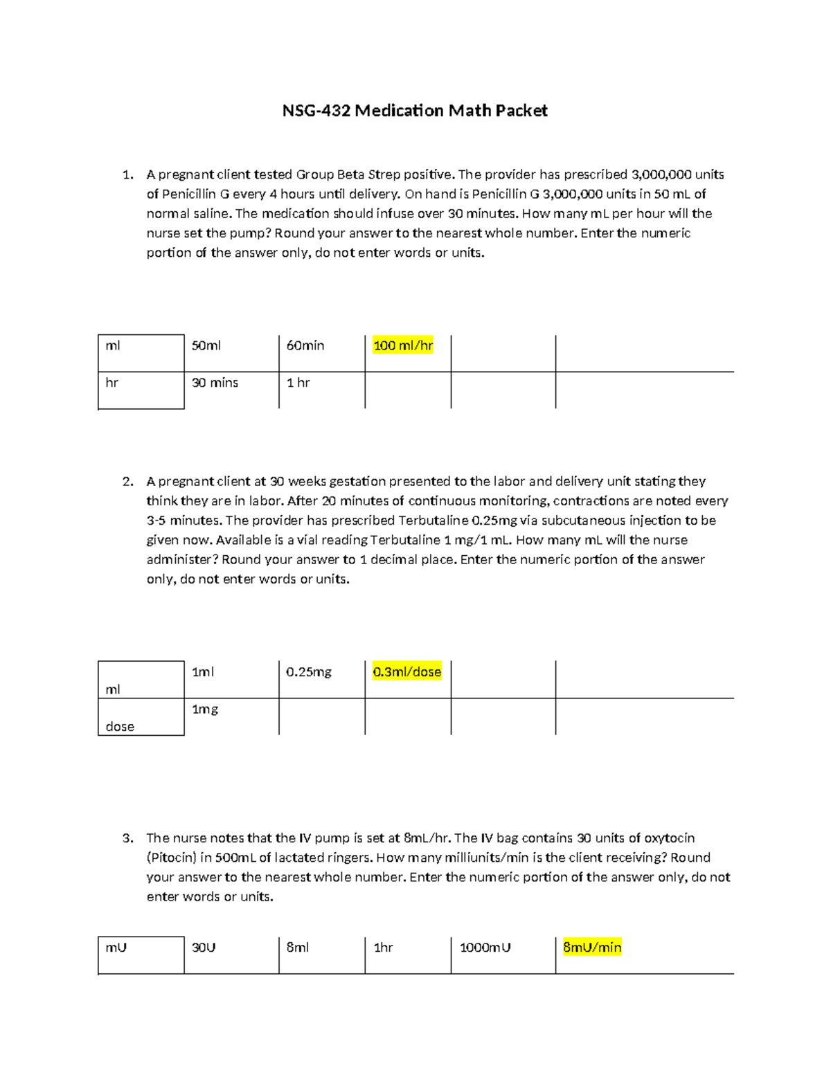 Medication Math Packet 432: Calculations for Pregnant Clients - Studocu