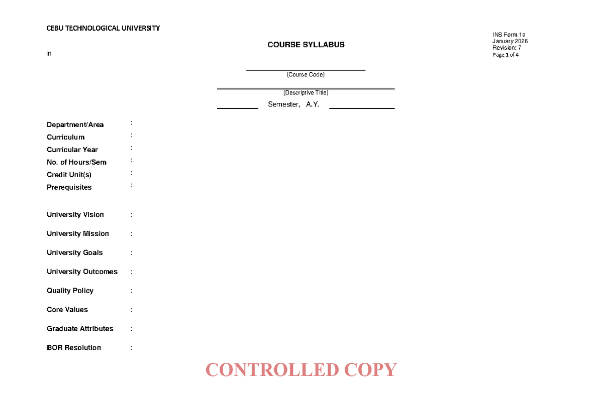CEBU TECHNOLOGICAL UNIVERSITY SYLLABUS (Course Code) Semester A.Y. 2026 ...