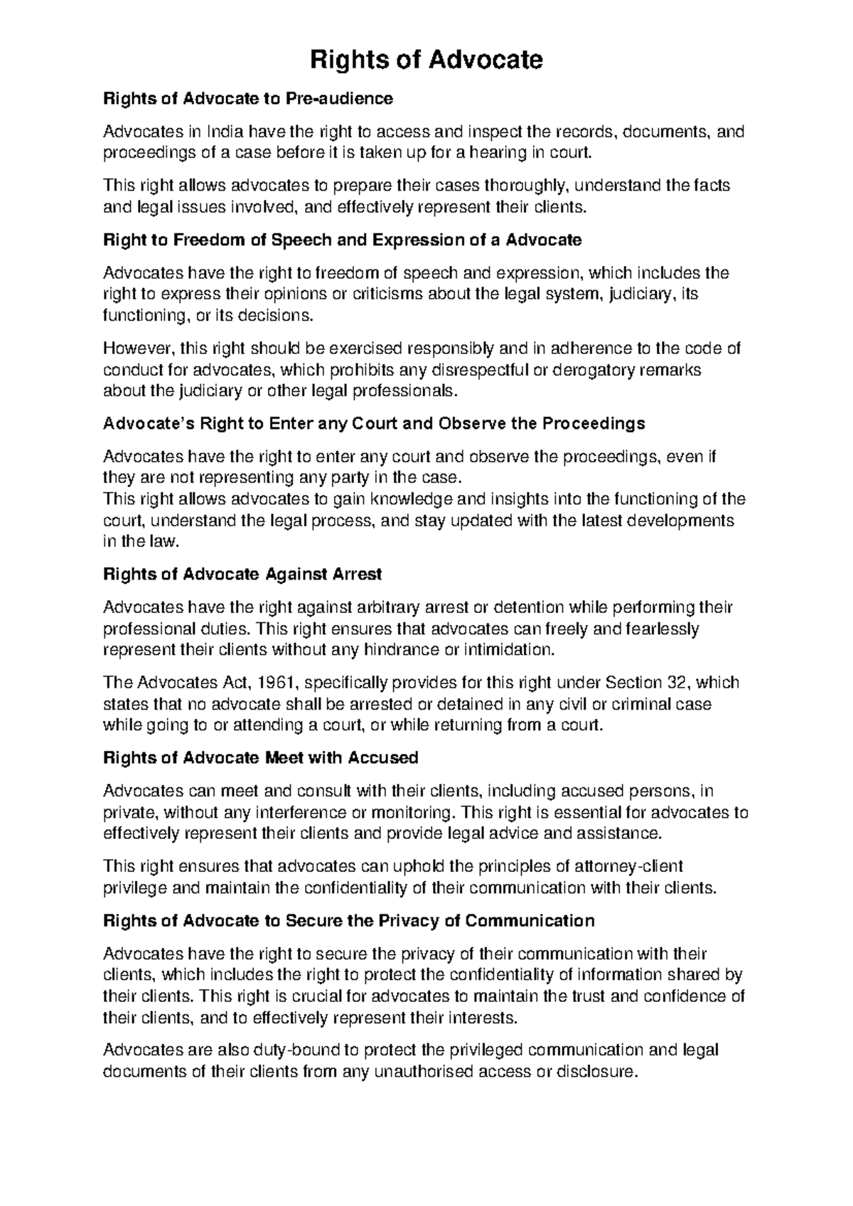 Advocate Rights: Legal Protections & Responsibilities Explained - Studocu