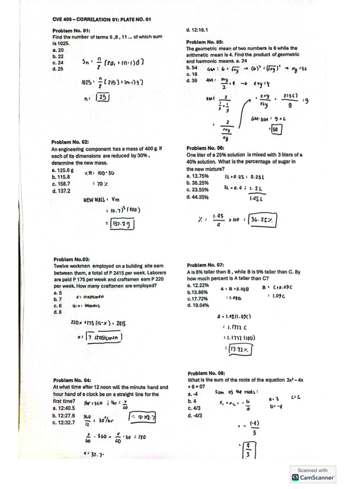CVE 405 - P1 - Mathematical Problem Set and Solutions - Studocu