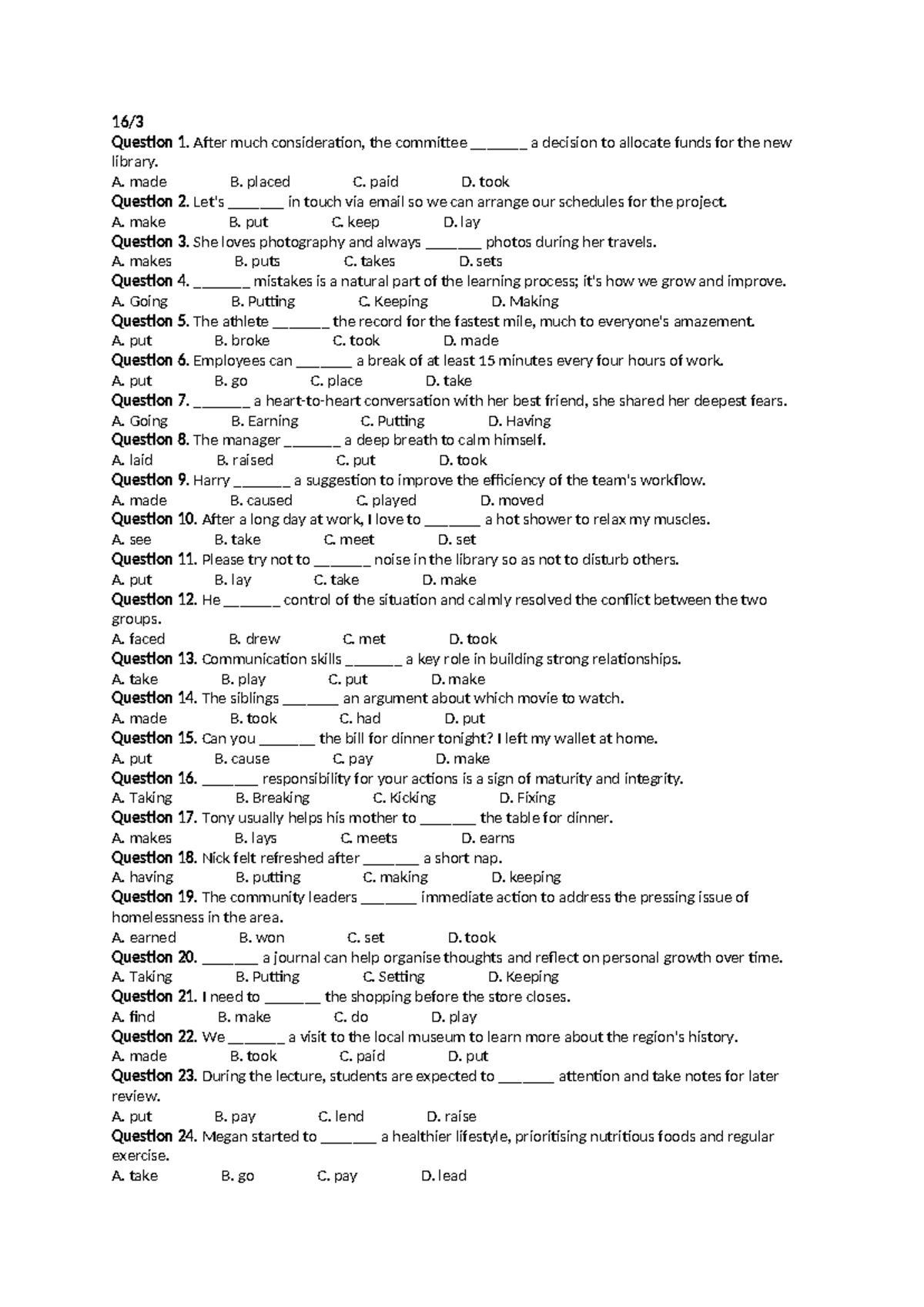 Test 4 - Vocabulary and Grammar Practice Questions - Studocu