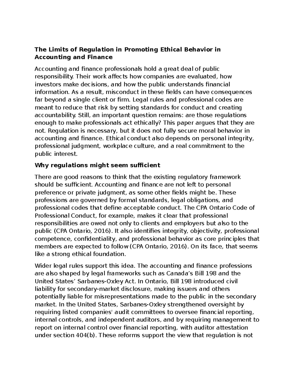 The Limits of Regulation in Ensuring Ethical Conduct in Accounting and