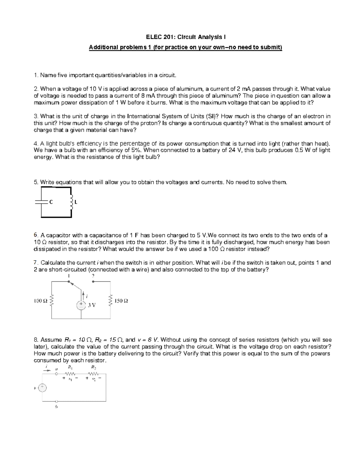ELEC 201: Circuit Analysis I - Additional Practice Problems 1 - Studocu