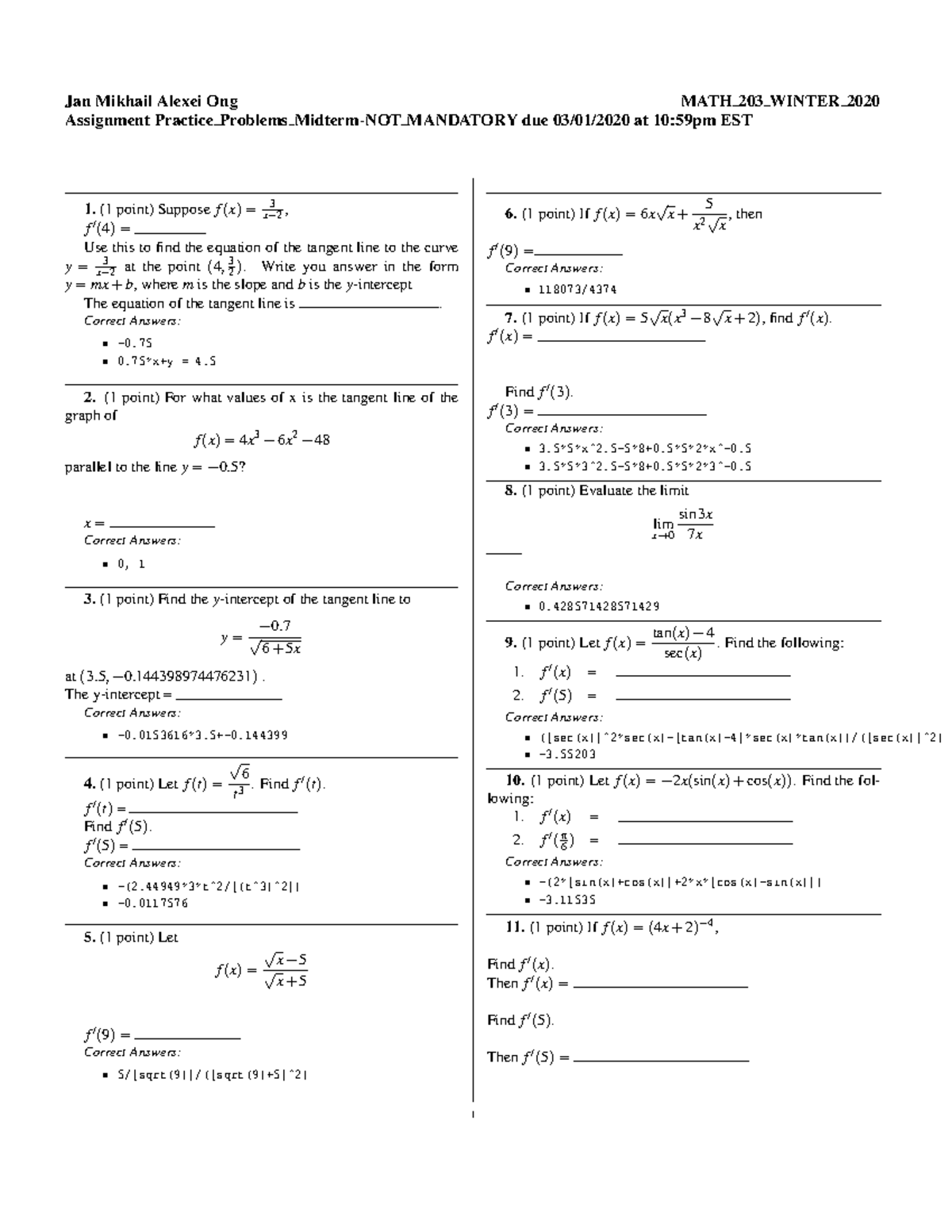 2020 Winter Midterm Practice - Jan Mikhail Alexei Ong MATH 203 WINTER ...