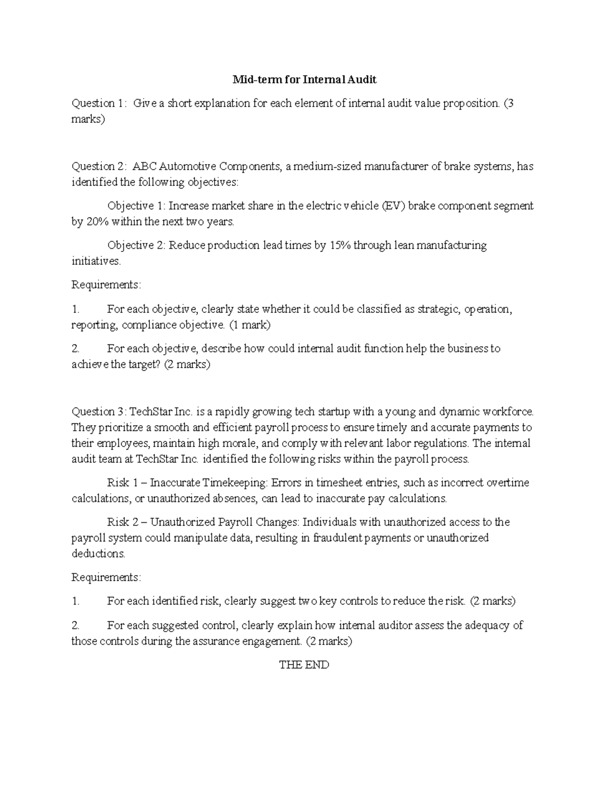 Midterm Exam - Audit: Internal Audit Value Proposition & Risks Analysis ...