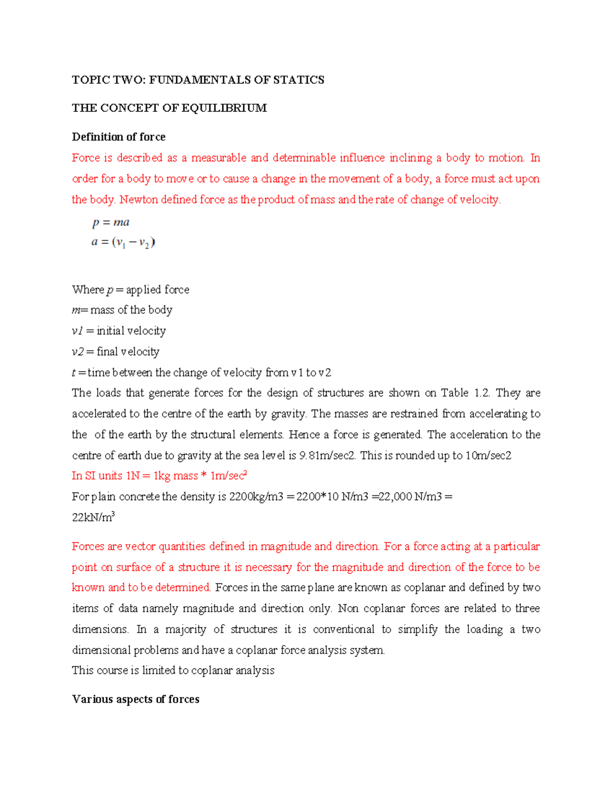 Chapter 2: Fundamentals of Statics - Equilibrium Concepts and Forces ...