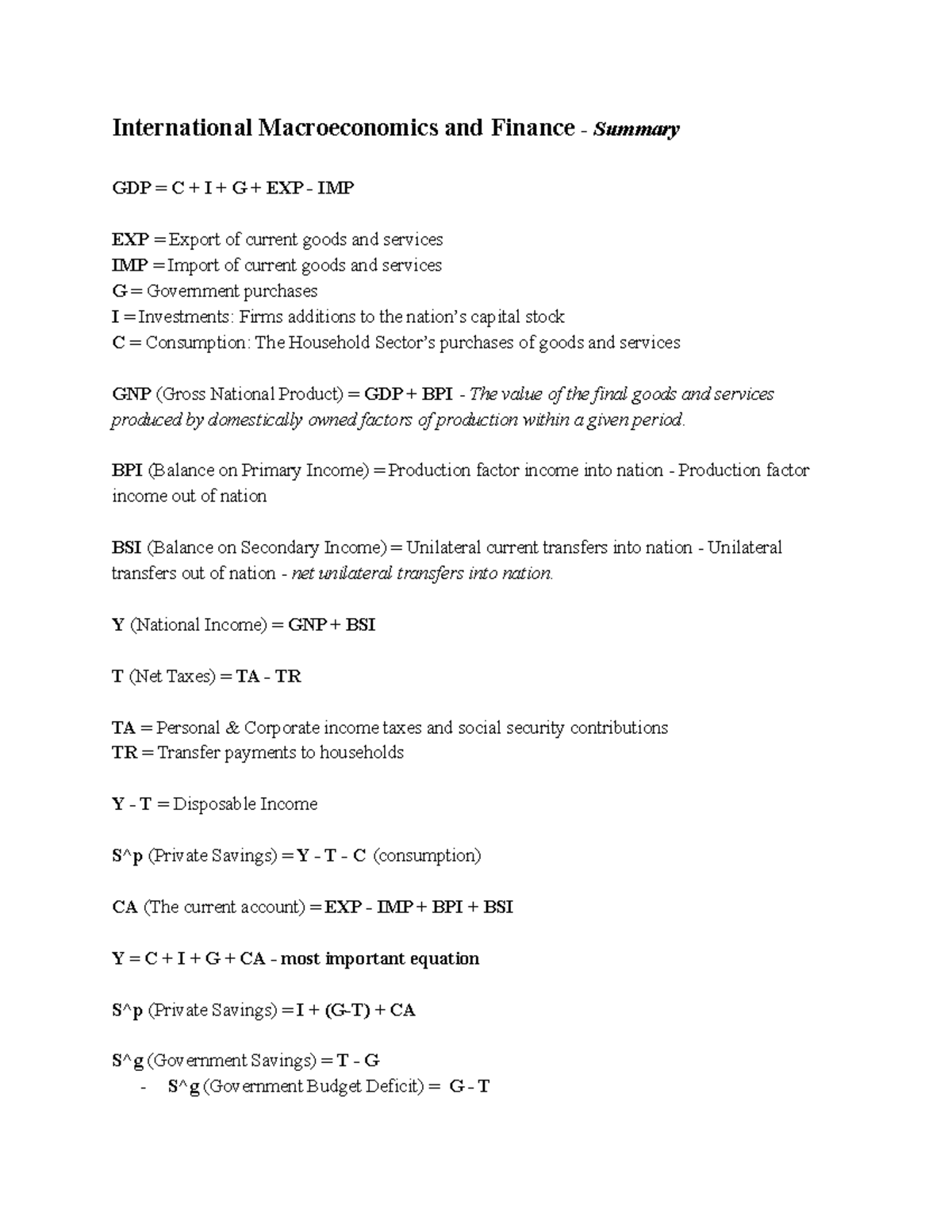 International Macroeconomics and Finance - Summary - BPI (Balance on ...