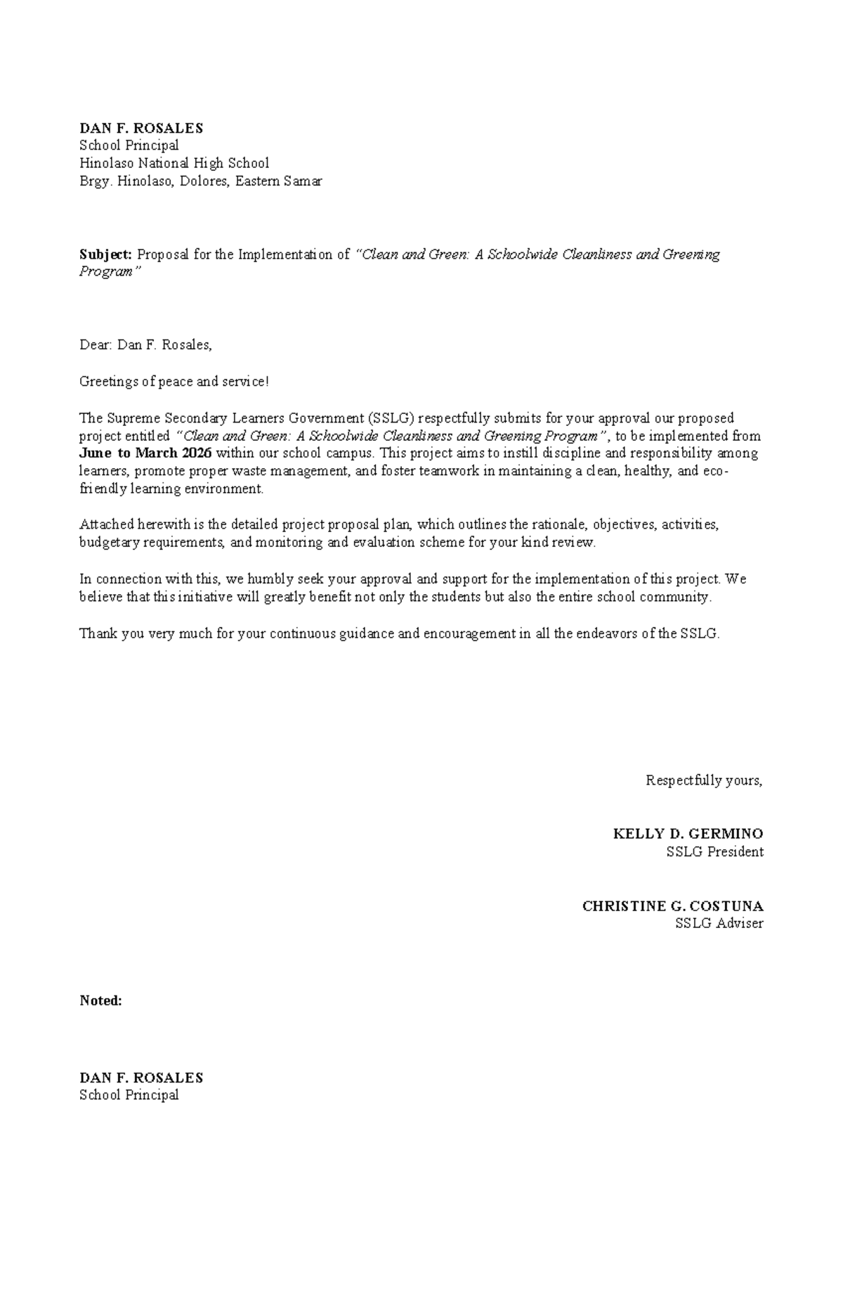 SSLG Project Proposal: Cleanliness and Greening Initiative - Studocu