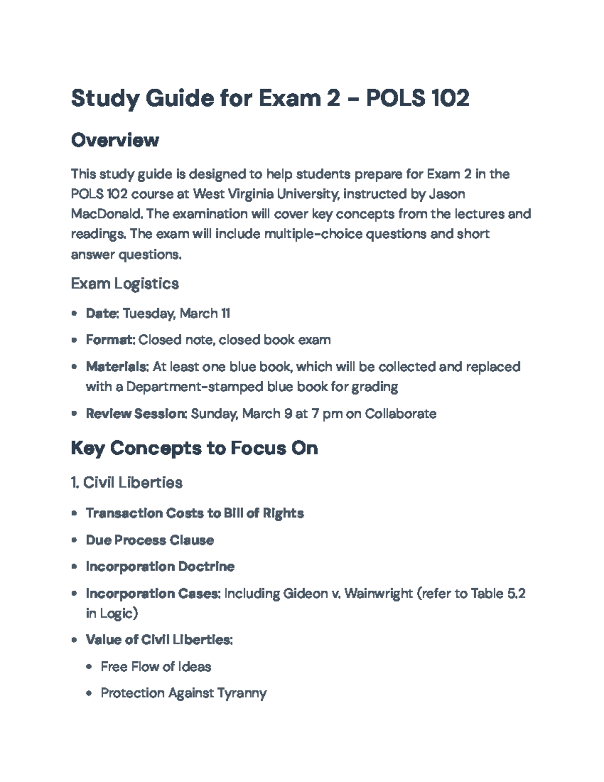 Study Guide for Exam 2 - Key Concepts and Tips for POLS 102 - Study ...