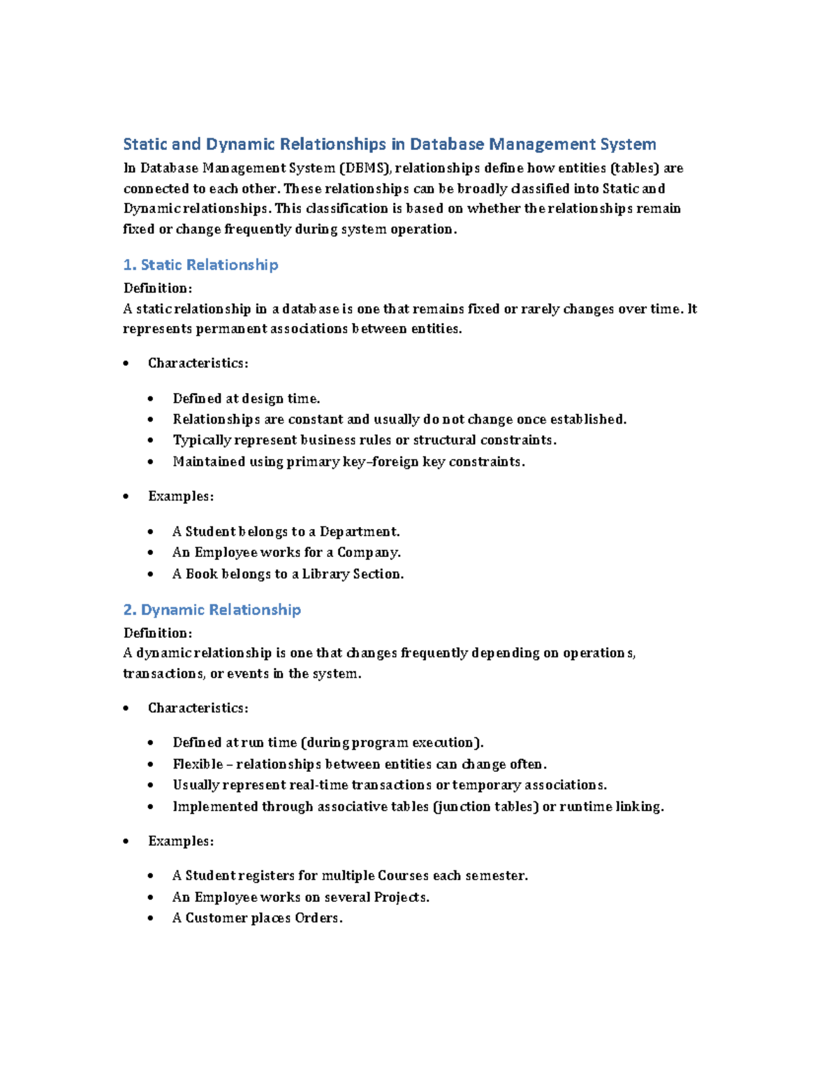 Static and Dynamic Relationships in DBMS: Key Concepts and Examples ...