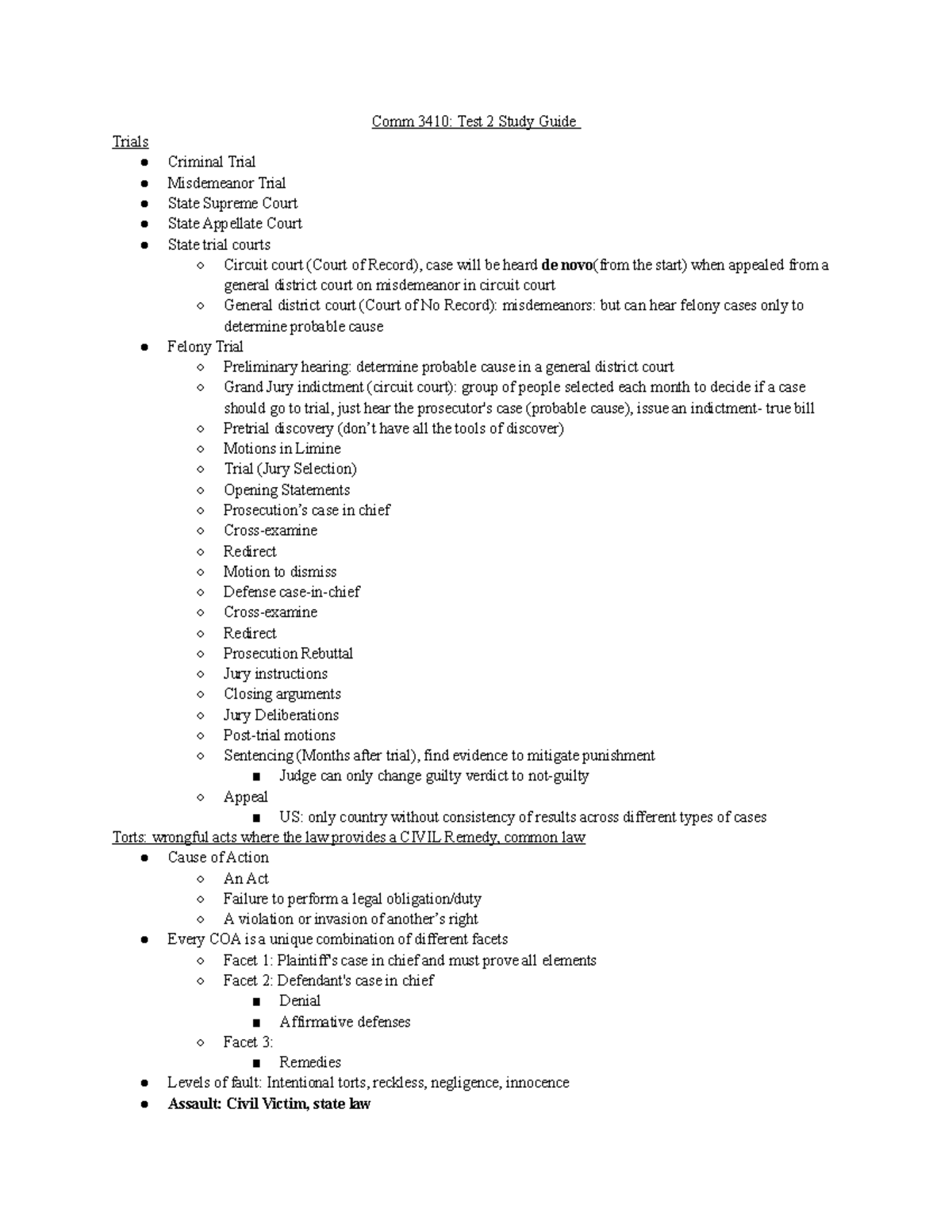 Comm 3410: Test 2 Lecture Notes on Trials and Torts - Studocu