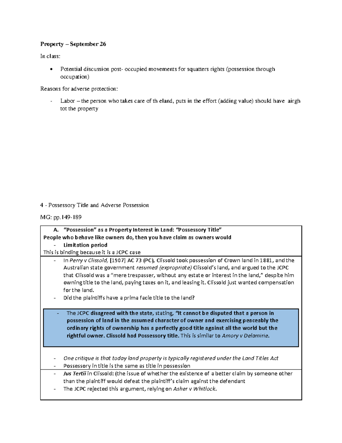 Property Law Lecture Notes - Key Concepts from Sept 26 Class - Studocu