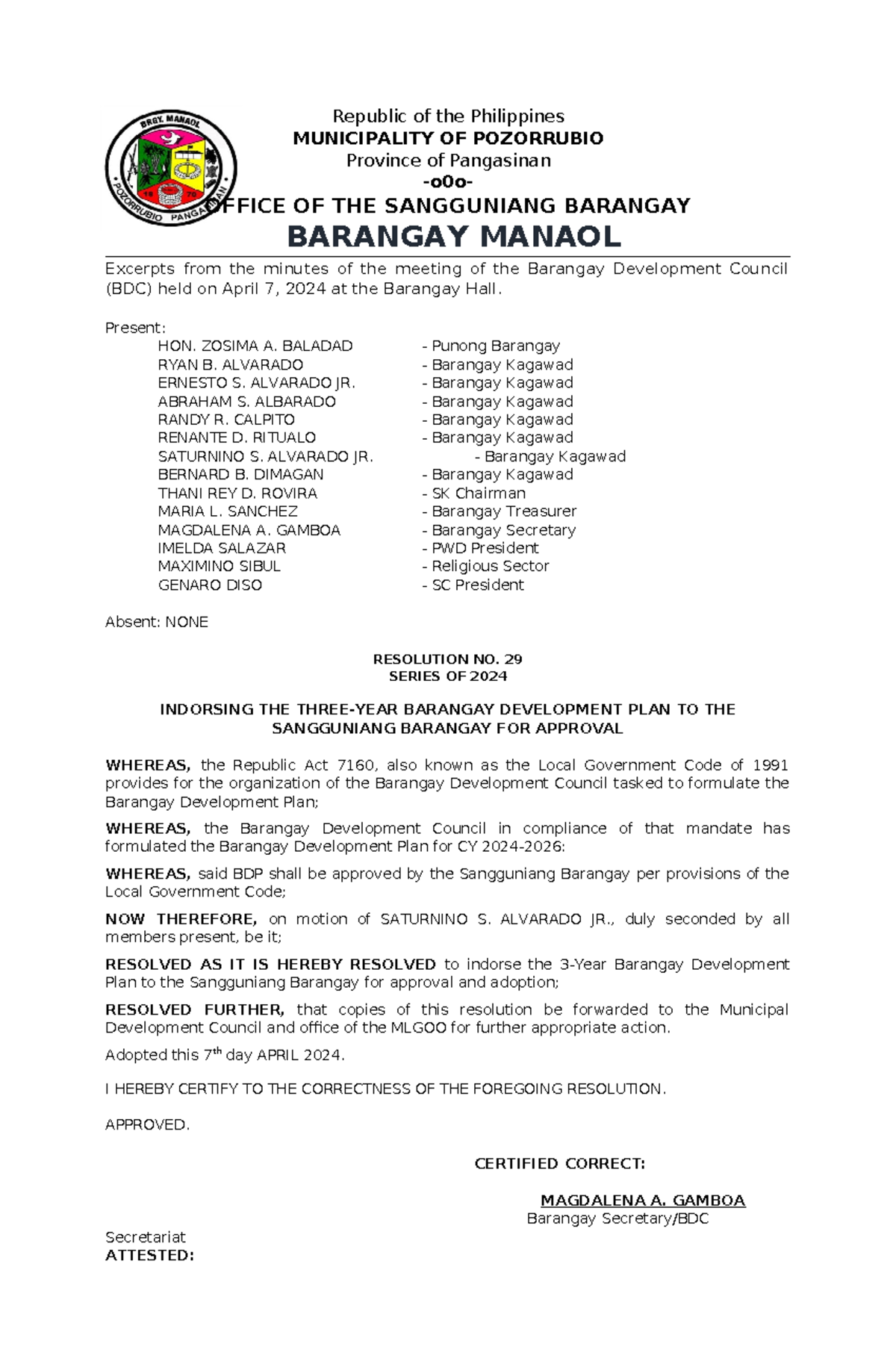 Barangay Manaol BDP (2024-2026) Resolution No. 30 Approval - Studocu